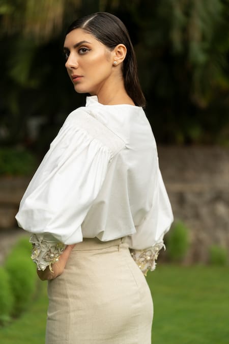 Label Ruhbab Embroidered Cuff Sleeve Italian Cotton Shirt 