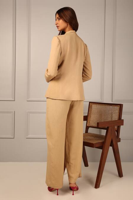 Shop_Style Junkiie_Beige Linen Embroidery Collared Ikat Pattern Blazer _at_Aza_Fashions