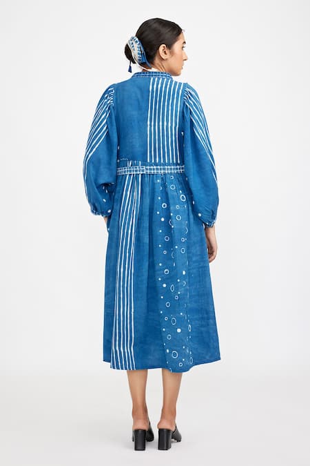 Shop_JAYATI GOENKA_Blue , Satin Mandarin Collar Geometric Print Dress _at_Aza_Fashions