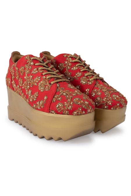 Anaar_Red Embroidery, Sequins Heirloom Signature Sneaker Wedges _Online_at_Aza_Fashions
