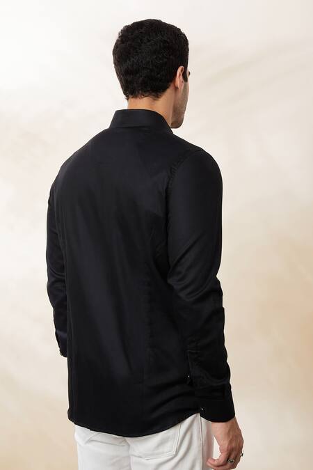 Shop Seven Black Cotton Satin Embroidery Tagai Pattern Shirt at Aza Fashions Shop_Seven_Black Cotton Satin Embroidery Tagai Pattern Shirt_at_Aza_Fashions