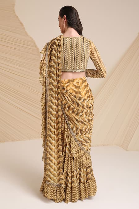 Shop_Divya Aggarwal_Yellow Blouse Georgette Printed Plunge V Neck Ruffle Pre-draped Saree And _at_Aza_Fashions