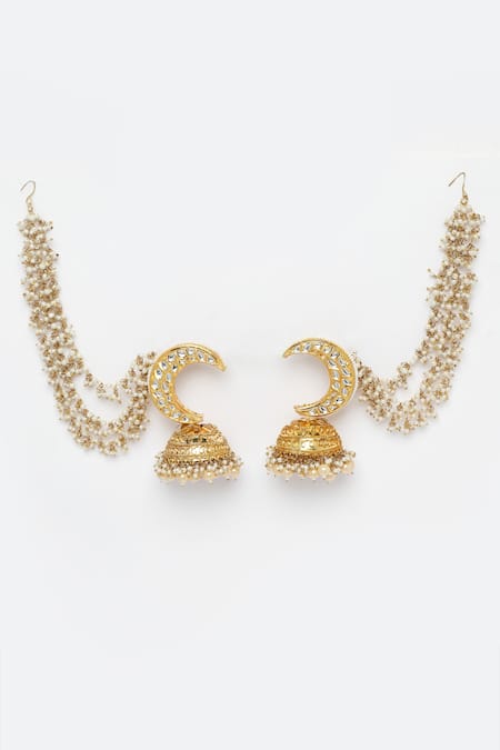 Dugran By Dugristyle_Cream Pearls, Stones Embellished Jhumkas _Online_at_Aza_Fashions