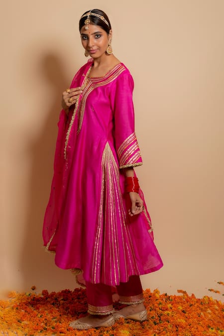 Shop_Kalakari By Akanksha_Fuchsia Silk, Organza, Cotton Gota Patti, Chanderi Embroidered A Line Kurta Set _at_Aza_Fashions