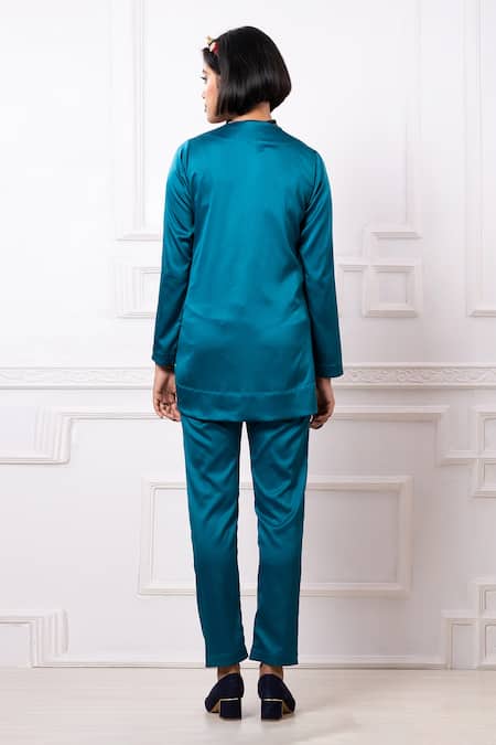 Shop Megha Garg Blue Satin Embroidery Square , Open Patchwork Top Pant Set at Aza Fashions Shop_Megha Garg_Blue Satin Embroidery Square , Open Patchwork Top Pant Set _at_Aza_Fashions