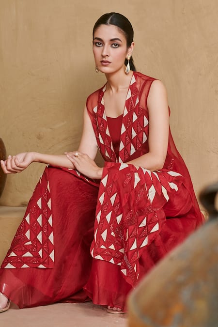 Shop Studio Radical Red Crepe, Organza Applique, Beads Sweetheart Neck, Embroidered Jacket Pant Set at Aza Fashions Shop_Studio Radical_Red Crepe, Organza Applique, Beads Sweetheart Neck, Embroidered Jacket Pant Set _at_Aza_Fashions