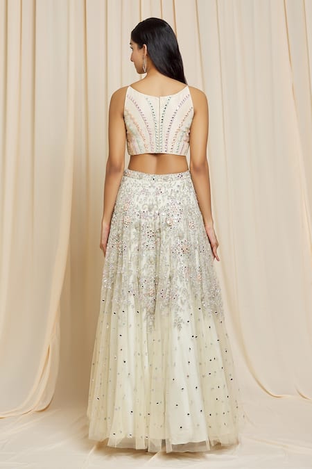 Shop Izzumi Mehta Ivory Net Floral Round Hand Embroidered Lehenga Choli Set at Aza Fashions Shop_Izzumi Mehta_Ivory Net Floral Round Hand Embroidered Lehenga Choli Set _at_Aza_Fashions