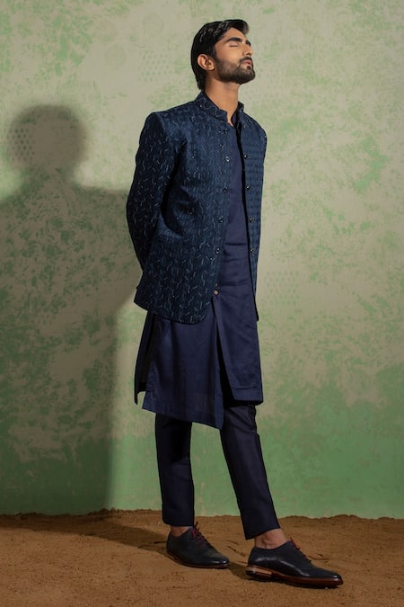 Shop Ankita Shahabadi Blue Silk Thread Hamir Embroidered Bandhgala at Aza Fashions Shop_Ankita Shahabadi_Blue Silk Thread Hamir Embroidered Bandhgala _at_Aza_Fashions