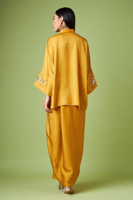 Shop_Aakaar_Yellow Silk Sequins, Beads Mandarin Collar Embellished Kaftan And Draped Skirt Set _at_Aza_Fashions