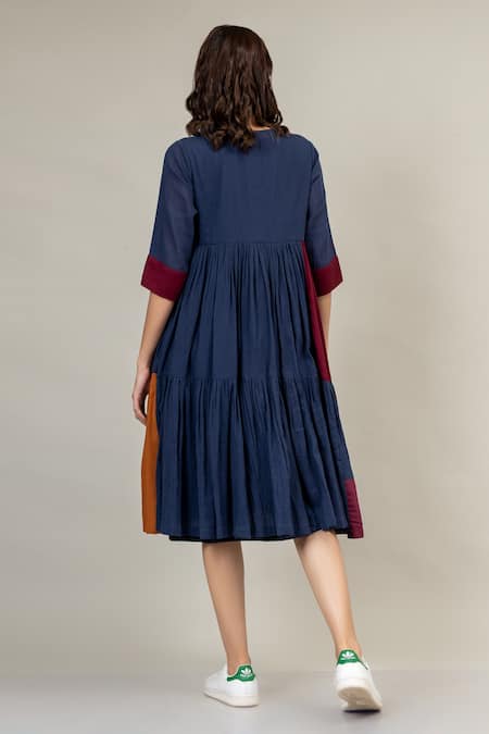 Shop Doodlage Blue Cotton Round Neck Seville Tiered Dress at Aza Fashions Shop_Doodlage_Blue Cotton Round Neck Seville Tiered Dress _at_Aza_Fashions
