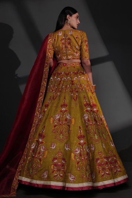Shop_Taisha_Multi Color Tussar Embroidery Plunge Neck Hand Appliqued Blouse _at_Aza_Fashions