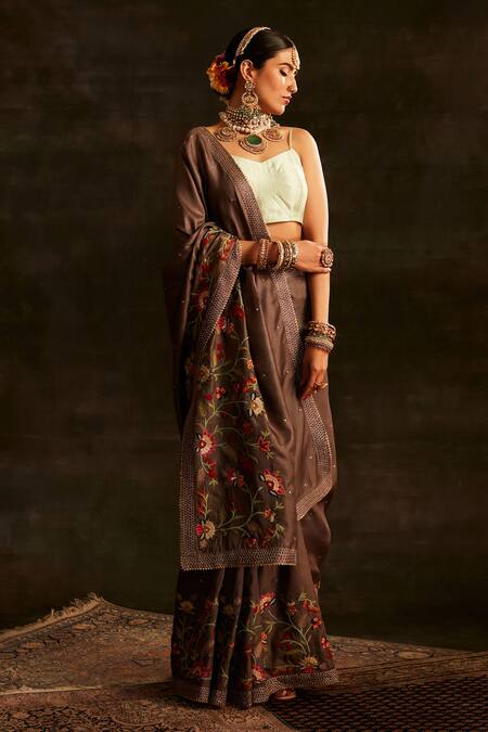 Shop Paaprika Grey Tussar Embroidery Silk Floret Saree at Aza Fashions Shop_Paaprika_Grey Tussar Embroidery Silk Floret Saree_at_Aza_Fashions