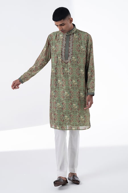 Shop Siddhartha Bansal Green Chanderi Embroidery Anchor Royal Chintz Kurta Set at Aza Fashions Shop_Siddhartha Bansal_Green Chanderi Embroidery Anchor Royal Chintz Kurta Set _at_Aza_Fashions