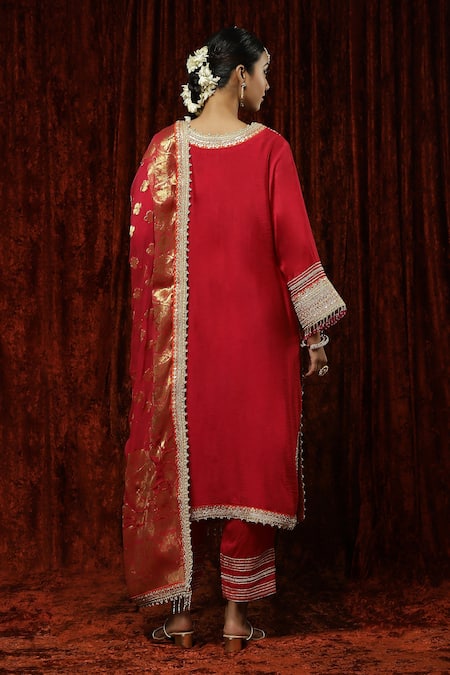 Shop Shikhar Sharma Red Silk Chanderi Embroidered Pearl Round Full Sleeve Kurta Pant Set at Aza Fashions Shop_Shikhar Sharma_Red Silk Chanderi Embroidered Pearl Round Full Sleeve Kurta Pant Set _at_Aza_Fashions