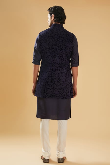 Raghavendra Rathore Blue Navy Blue Jaal Embroidered Bundi Set 