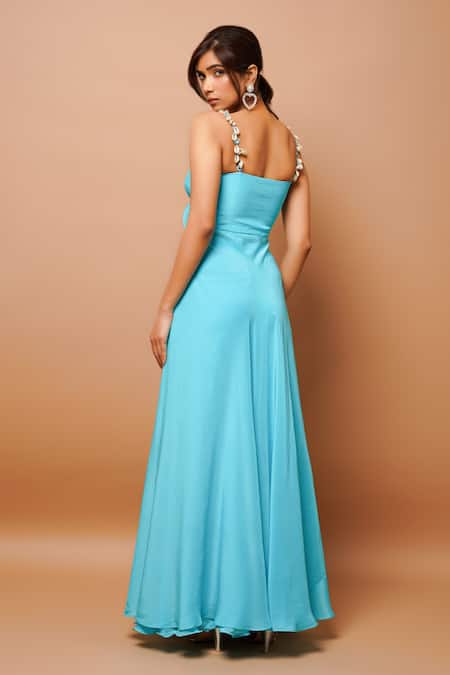 Shop Ahi Clothing Blue Crepe, Linen Pearls, Mirrors Sweetheart Neck Front-knot Top And Palazzo Set at Aza Fashions Shop_Ahi Clothing_Blue Crepe, Linen Pearls, Mirrors Sweetheart Neck Front-knot Top And Palazzo Set _at_Aza_Fashions