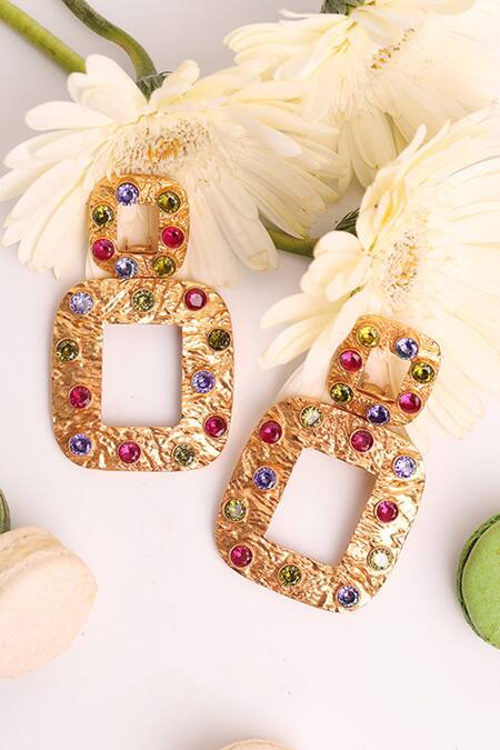 Shop And Also Gold Plated Stones Together Statement Square Earrings at Aza Fashions Shop_And Also_Gold Plated Stones Together Statement Square Earrings_at_Aza_Fashions
