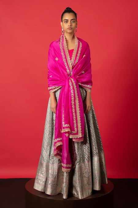 Shop_Ekaya Banaras_Grey Silk, Satin Handcrafted Bridal Lehenga Set With Unstitched Blouse Fabric_at_Aza_Fashions