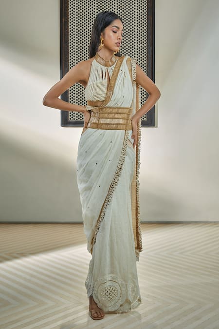 Shop Surily G Ivory Chanderi Piping Pre-stitched Badla Embroidered Saree at Aza Fashions Shop_Surily G_Ivory Chanderi Piping Pre-stitched Badla Embroidered Saree _at_Aza_Fashions
