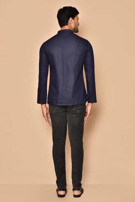 Shop Arihant Rai Sinha Blue Cotton Straight Band Collar Short Kurta at Aza Fashions Shop_Arihant Rai Sinha_Blue Cotton Straight Band Collar Short Kurta _at_Aza_Fashions