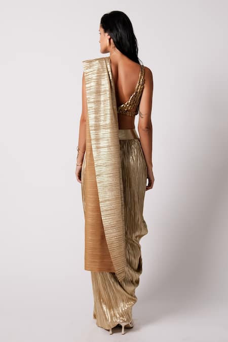 Shop_431-88 By Shweta Kapur_Gold Silk And Pleated Metallic Pre-draped Saree With Shivi Blouse  _at_Aza_Fashions