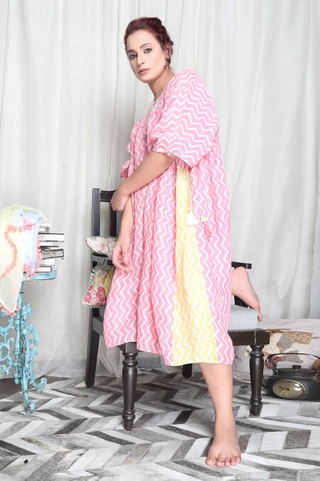 Shop_Falguni.Foram_Pink Gingham, Linen Tassels, Embroidery V-neck Chevron Print Kaftan Dress _at_Aza_Fashions