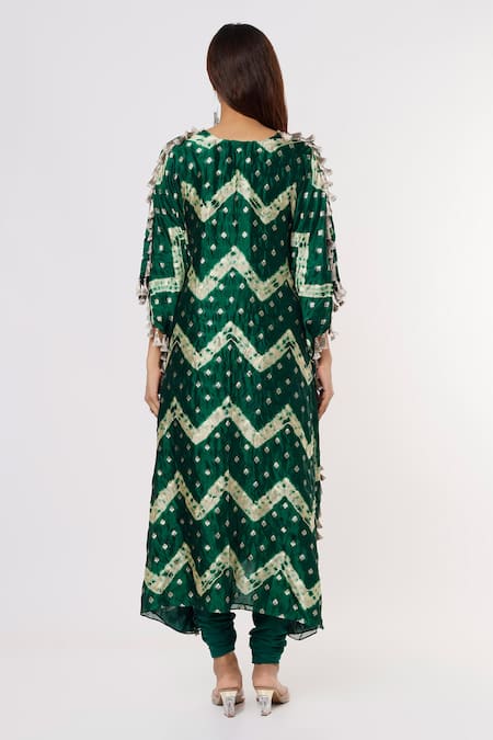 Shop Payal Singhal Green Silk, Net Tassels Split Leheriya Bandhani Pattern Kurta With Churidar at Aza Fashions Shop_Payal Singhal_Green Silk, Net Tassels Split Leheriya Bandhani Pattern Kurta With Churidar _at_Aza_Fashions
