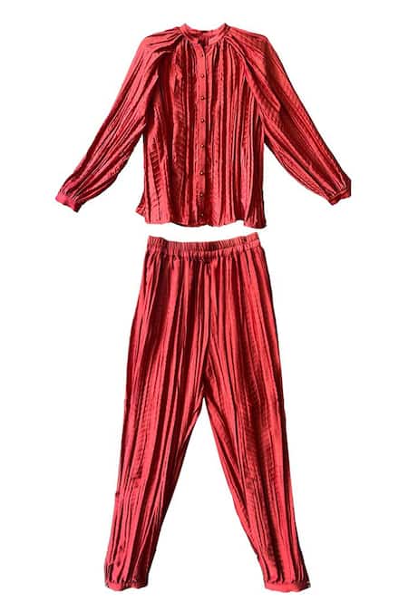 Dash And Dot Brown 100% Recycled Polyester Band Collar Hand-crushed Shirt And Pant Set Online at Aza Fashions Dash And Dot_Brown 100% Recycled Polyester Band Collar Hand-crushed Shirt And Pant Set _Online_at_Aza_Fashions