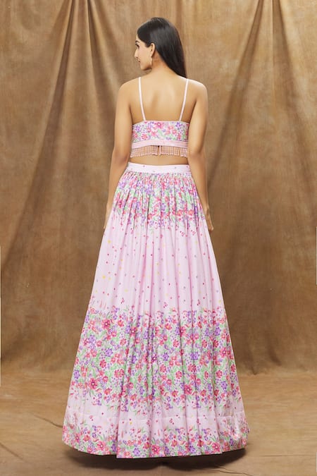 Shop Label Priyanka Kar Pink Cotton, Linen Tassels, Embroidery Sweetheart Abstract Floral Lehenga Set at Aza Fashions Shop_Label Priyanka Kar_Pink Cotton, Linen Tassels, Embroidery Sweetheart Abstract Floral Lehenga Set _at_Aza_Fashions