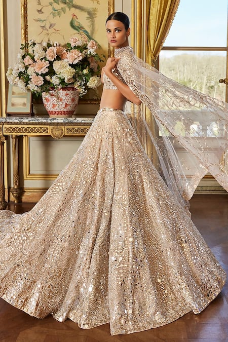 Shop Seema Gujral Gold Net Embroidery, Sequins, Mirrors Scoop Neck Bridal Lehenga Set at Aza Fashions Shop_Seema Gujral_Gold Net Embroidery, Sequins, Mirrors Scoop Neck Bridal Lehenga Set _at_Aza_Fashions