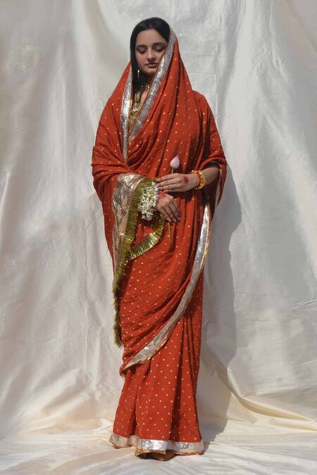 Shop Studio Malang Orange Chanderi Embroidery Gota Work Woven Motifs Saree at Aza Fashions Shop_Studio Malang_Orange Chanderi Embroidery Gota Work Woven Motifs Saree_at_Aza_Fashions