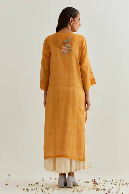 Shop Prama By Pratima Pandey Yellow Chanderi Embroidered Parsi Round Maxi Dress With Inner at Aza Fashions Shop_Prama By Pratima Pandey_Yellow Chanderi Embroidered Parsi Round Maxi Dress With Inner _at_Aza_Fashions