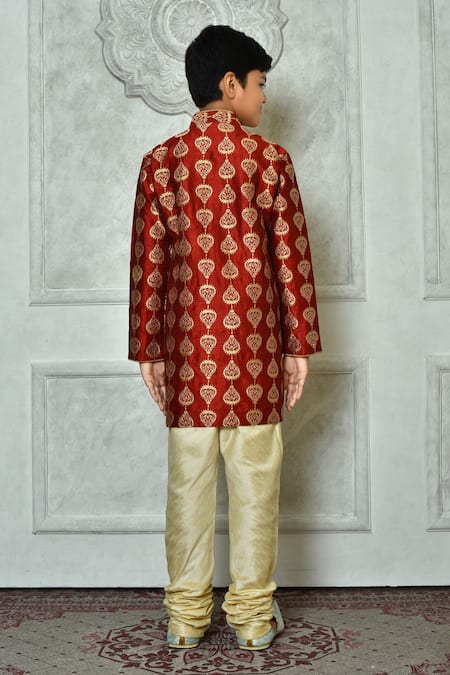 Shop Petite Pomme Red Silk Embroidery Leaf Full Sleeve Kurta at Aza Fashions Shop_Petite Pomme_Red Silk Embroidery Leaf Full Sleeve Kurta _at_Aza_Fashions
