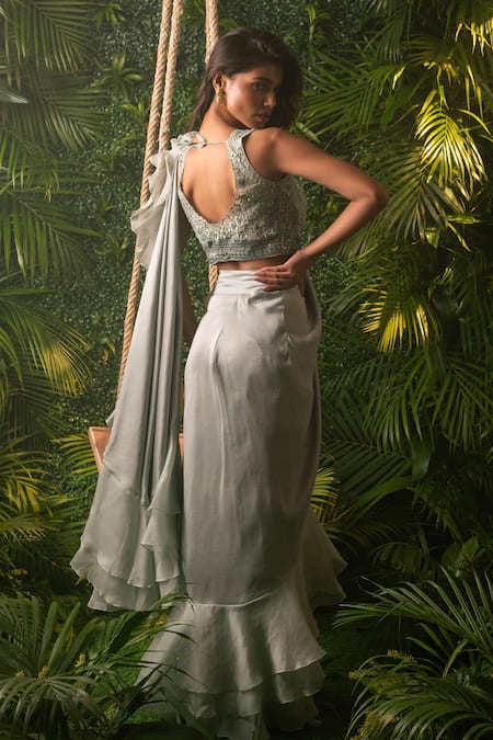 Shop Pallavi Poddar Green Organza, Silk Embroidery, Mirzapur Ruffle Pre-draped Saree With Blouse at Aza Fashions Shop_Pallavi Poddar_Green Organza, Silk Embroidery, Mirzapur Ruffle Pre-draped Saree With Blouse _at_Aza_Fashions