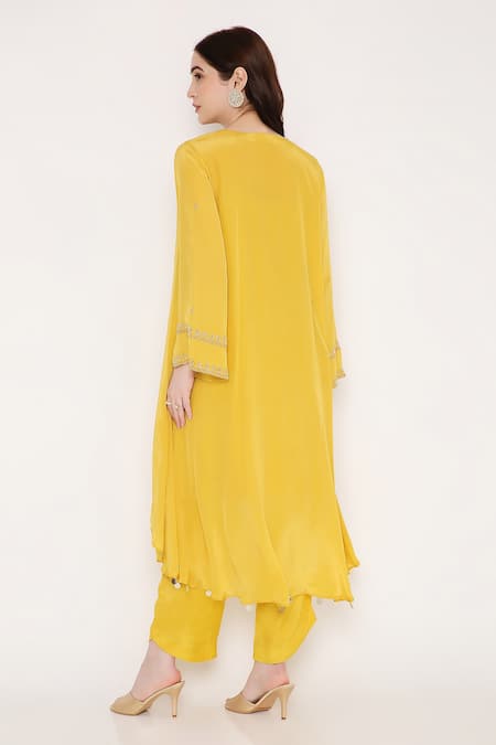Shop Bha Sha Yellow Georgette, Crepe Beads, Lakshika Sleeve Embroidered Jacket Pant Set at Aza Fashions Shop_Bha Sha_Yellow Georgette, Crepe Beads, Lakshika Sleeve Embroidered Jacket Pant Set _at_Aza_Fashions