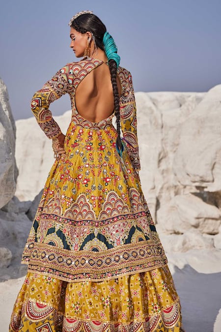 Shop_The Royaleum_Yellow Silk, Crepe Gota Patti, Beads, Embroidery Hand Kurta Bridal Lehenga Set _at_Aza_Fashions