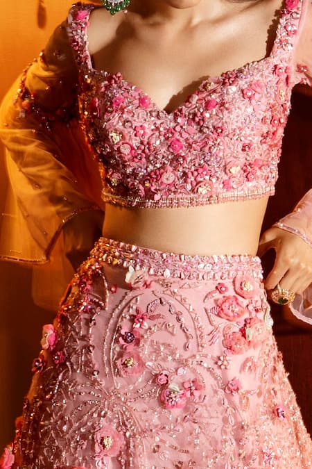 Shop Nadine Dhody Pink Tulle Beads, Cut Work, Sequins, Giselle Embroidered Lehenga And Blouse Set at Aza Fashions Shop_Nadine Dhody_Pink Tulle Beads, Cut Work, Sequins, Giselle Embroidered Lehenga And Blouse Set _at_Aza_Fashions