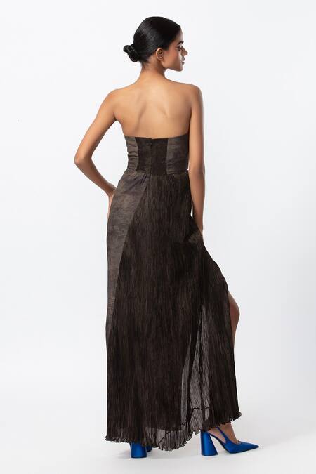 Shop_Saaksha & Kinni_Black Chiffon, Satin Sweetheart Neck Abstract Print Slit Gown_at_Aza_Fashions