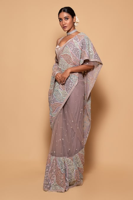 Shop Pallavi Poddar Purple Tulle, Velvet Sequins, Crystals Amoeba Embellished Saree With Blouse at Aza Fashions Shop_Pallavi Poddar_Purple Tulle, Velvet Sequins, Crystals Amoeba Embellished Saree With Blouse _at_Aza_Fashions