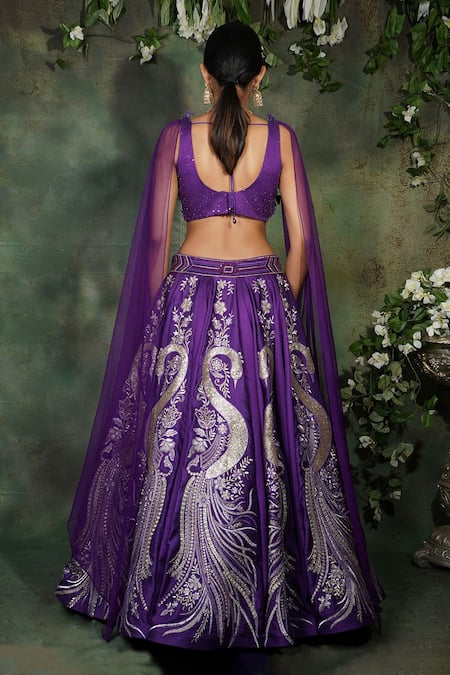 Shop Archana Kochhar Purple Silk, Net Sequins, Stones Square Peacock Embroidered Lehenga And Blouse Set at Aza Fashions Shop_Archana Kochhar_Purple Silk, Net Sequins, Stones Square Peacock Embroidered Lehenga And Blouse Set _at_Aza_Fashions