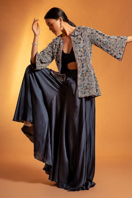 Shop Sejal Kamdar Blue Pure Satin Crepe Ajrak Embellished Jacket And Fluid Pant Set at Aza Fashions Shop_Sejal Kamdar_Blue Pure Satin Crepe Ajrak Embellished Jacket And Fluid Pant Set _at_Aza_Fashions