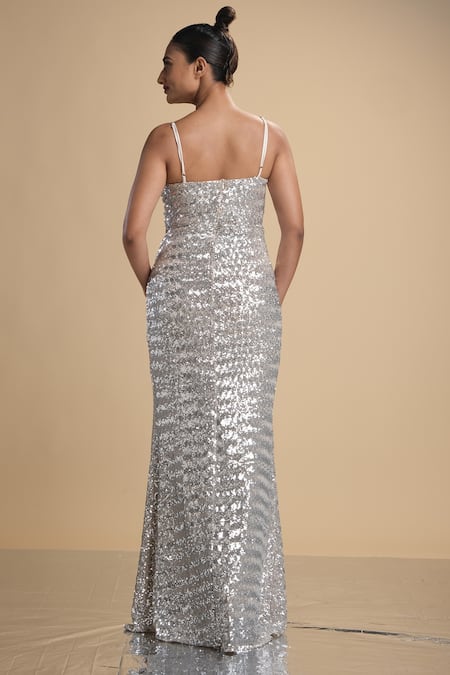 Shop Kommal Sood Silver Lycra Stretch Net Embroidered Sequins V Neck Overlap Gown at Aza Fashions Shop_Kommal Sood_Silver Lycra Stretch Net Embroidered Sequins V Neck Overlap Gown _at_Aza_Fashions