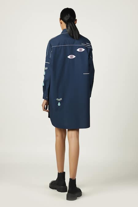Shop Shahin Mannan Blue Poplin Embroidery Shawl Neck Facial Expressions Overshirt at Aza Fashions Shop_Shahin Mannan_Blue Poplin Embroidery Shawl Neck Facial Expressions Overshirt _at_Aza_Fashions