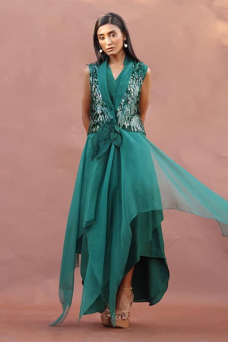 Shop Richa Khemka Green Bamboo, Taffeta, Organza Foliage Embellished Jacket And Dress Set at Aza Fashions Shop_Richa Khemka_Green Bamboo, Taffeta, Organza Foliage Embellished Jacket And Dress Set _at_Aza_Fashions