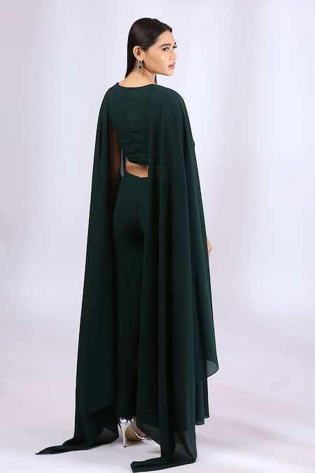 Shop_Neha Gursahani_Green Double Georgette V Neck Cape Sleeved Jumpsuit _at_Aza_Fashions
