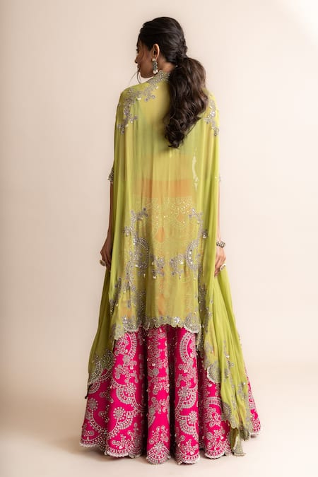 Shop_Nupur Kanoi_Fuchsia Crepe, Satin, Lycra Studs, Asymmetric Hem Cape And Work Lehenga Set _at_Aza_Fashions