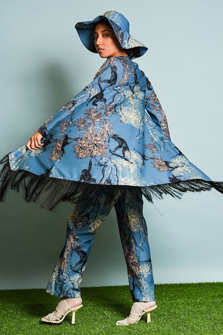 Shop_The Dramebaaz CO_Blue Linen Tassels Open Neck Mandril Print Jacket With Pant _at_Aza_Fashions