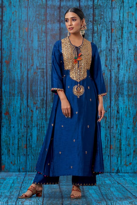 Label Niti Bothra Blue Silk Marodi, Tikki, Zardozi Round Embroidered Kurta And Palazzo Set 