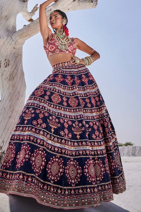 Shop The Royaleum Blue Silk, Crepe Sequins, Gota Resham Hand Embroidered Blouse Bridal Lehenga Set at Aza Fashions Shop_The Royaleum_Blue Silk, Crepe Sequins, Gota Resham Hand Embroidered Blouse Bridal Lehenga Set _at_Aza_Fashions