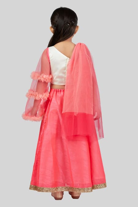 Shop_Pinkcow designs pvt ltd_Pink Taffeta, Crepe Embroidery, Fringe One Shoulder Blouse With Lehenga Set _at_Aza_Fashions